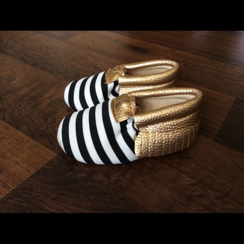 Baby girl moccasins 0-6 months stripes gold crib shoes pictures
